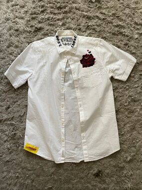 White Short-Sleeve Button-Down Shirt with Red Rose Graphic